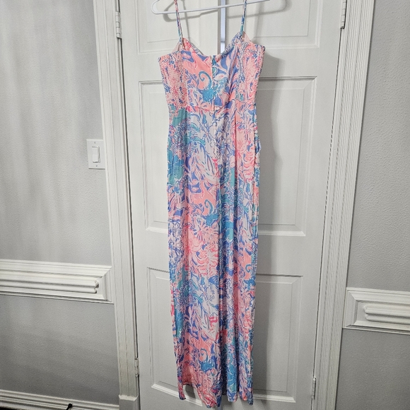 Lilly Pulitzer Bente Jumpsuit maxi blue Peri Viva La Lilly Pink Sz 8 Romper - Picture 13 of 14